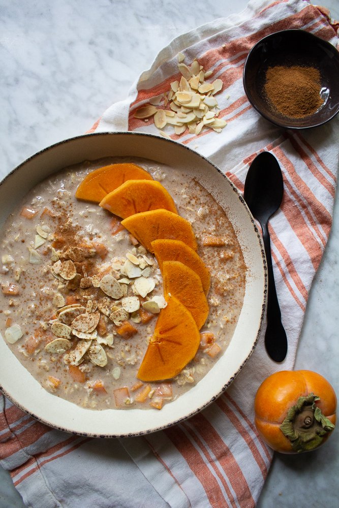 overnight oats with persimmon ginger cinnamon and almonds